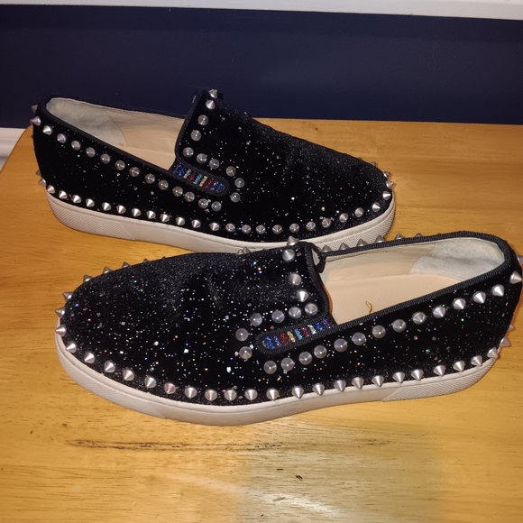 Christian Louboutin Suede Spiked Sparkle Loafers Size 36 - Picture 3 of 5